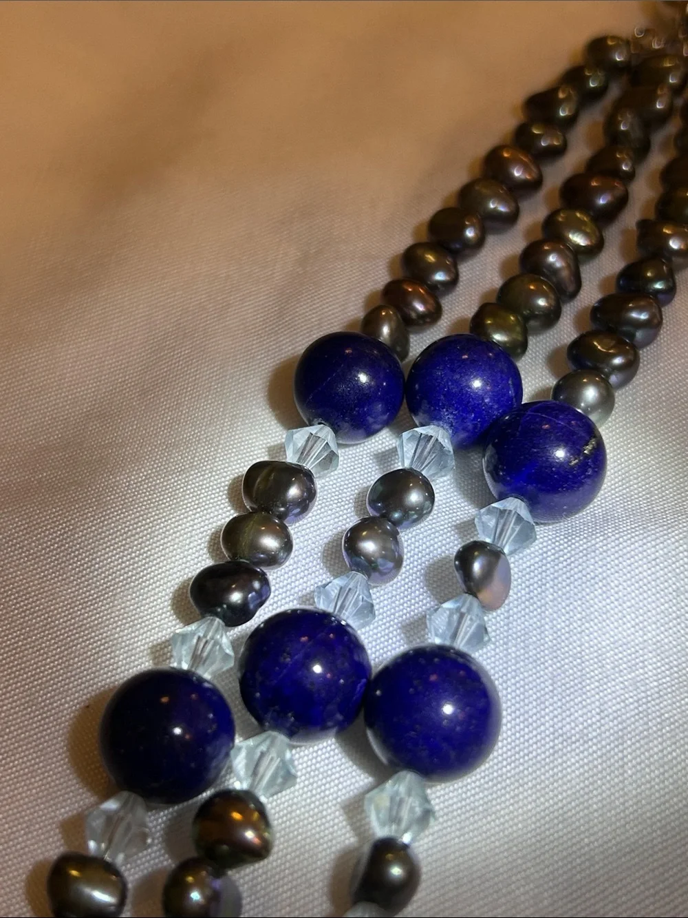 Multi-Strand Lapis Lazuli, Peacock Pearl Bead Necklace with Abalone Pendant